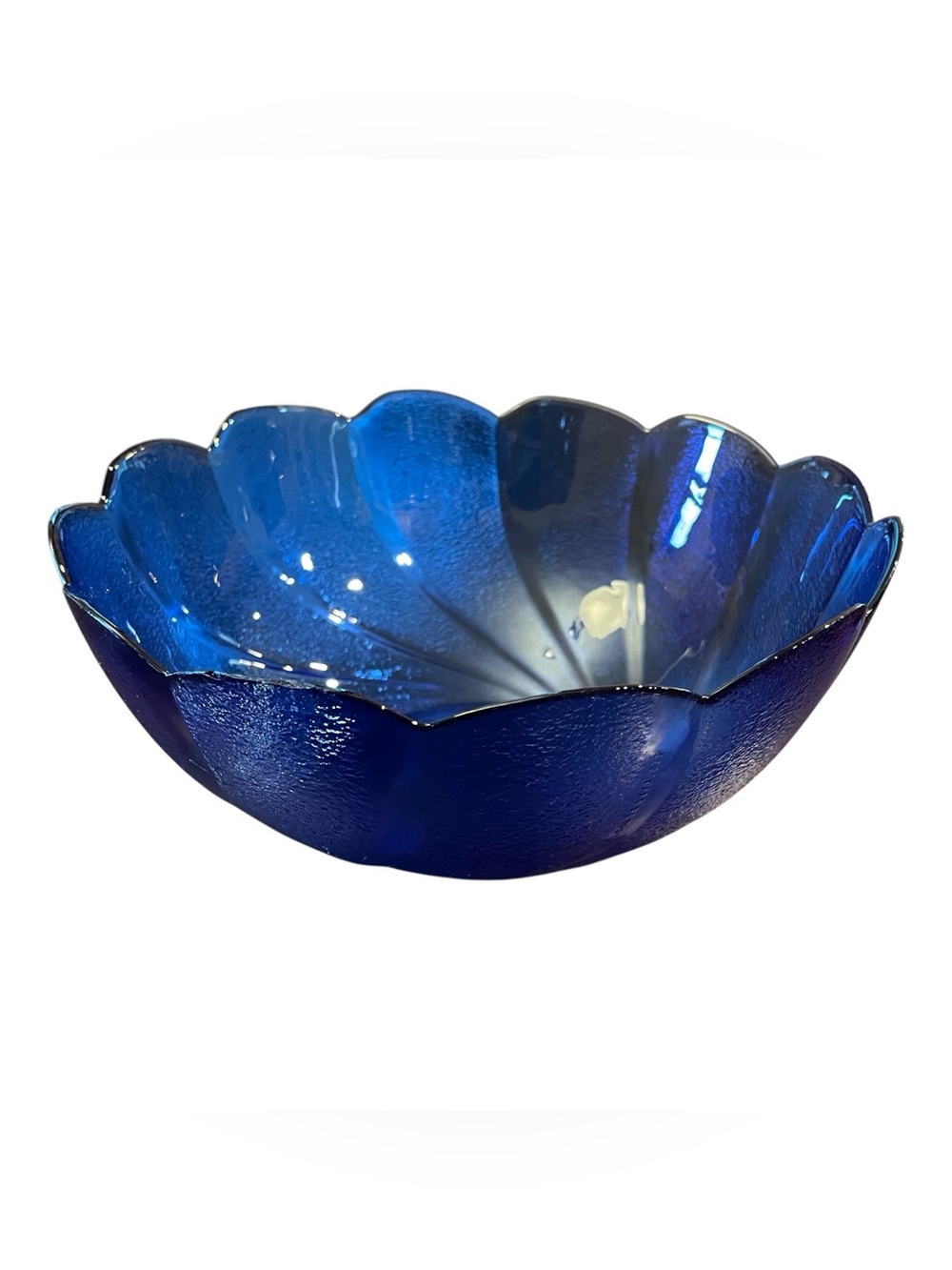 Vintage Arcoroc France Cobalt Blue Scalloped Swirl Glass Bowl